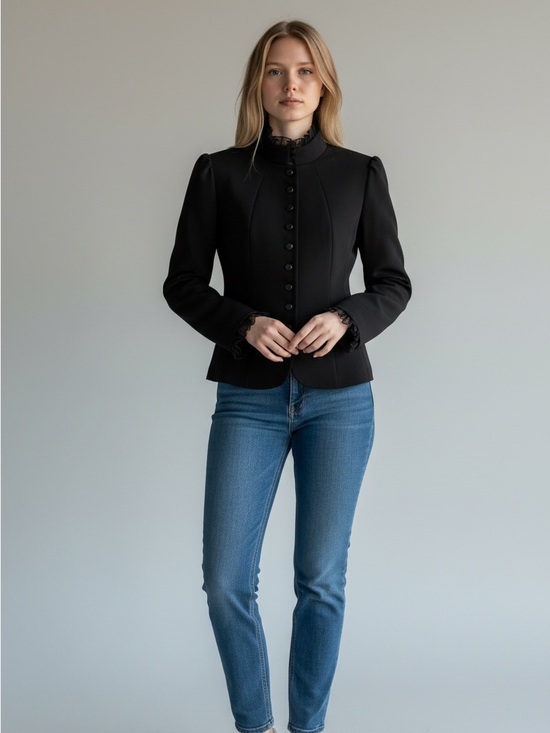 ANTONIO MELANI Jackets & Blazers - Antonio Melani black button-front jacket with ruffled collar and cuffs. Size 10